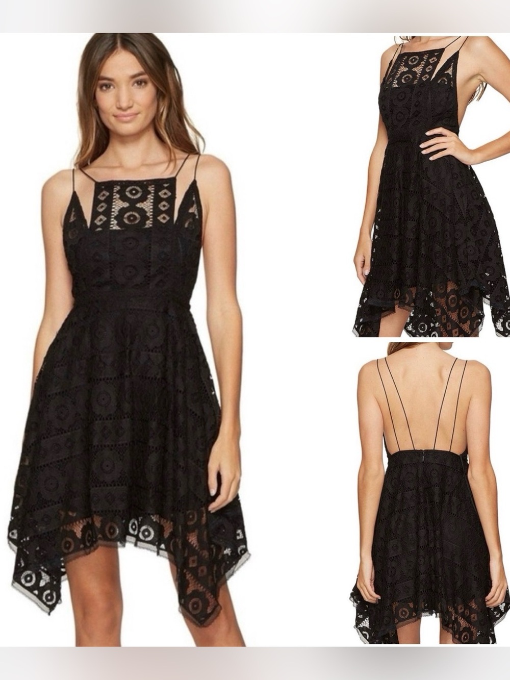 🍋Free People Asymmetrical halter Black Lace Spaghetti-Strap Dress size 8 GUC